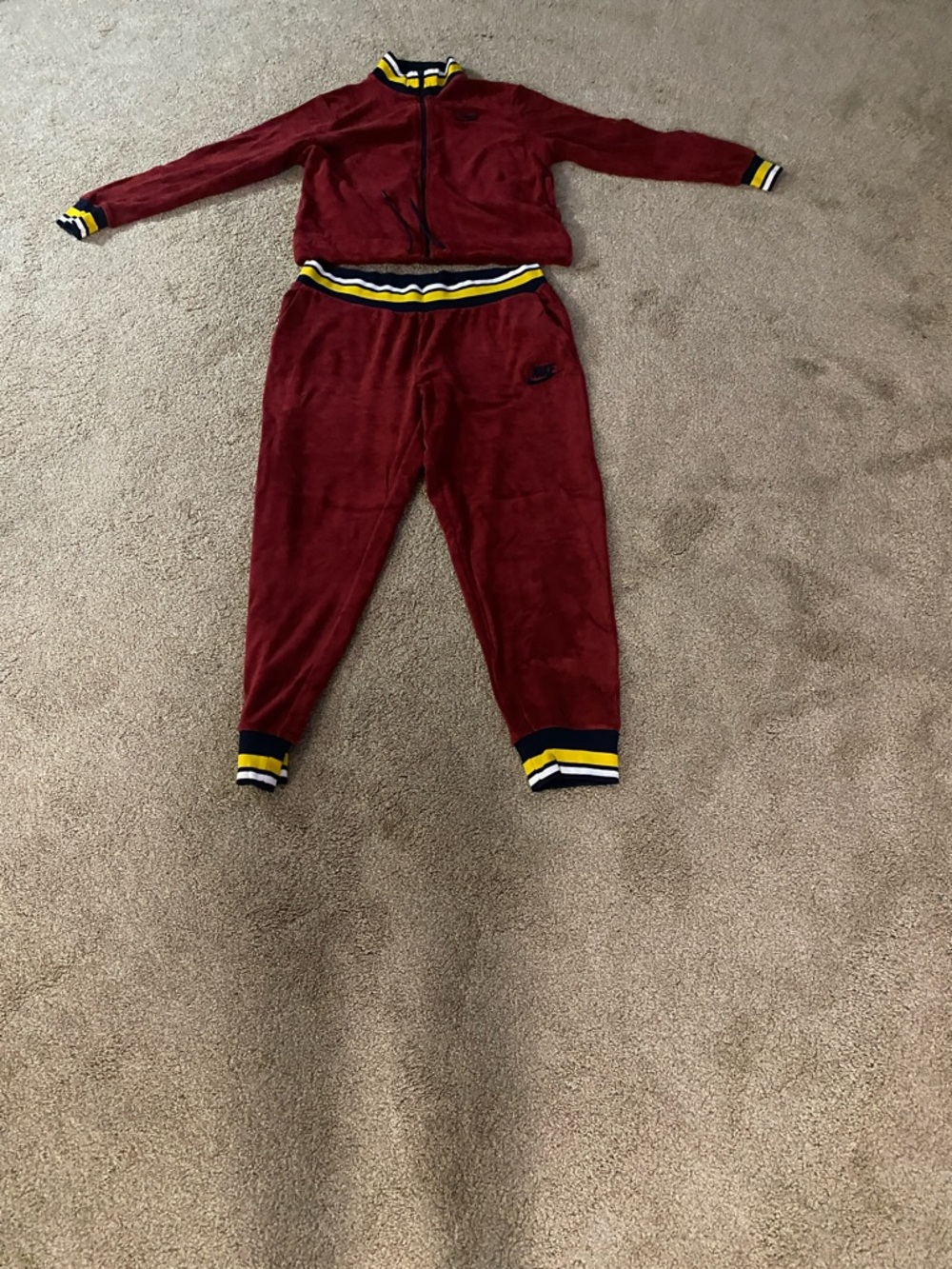 Nike Women’s Burgundy Velour Track Jacket & Joggers with Yellow-Trim